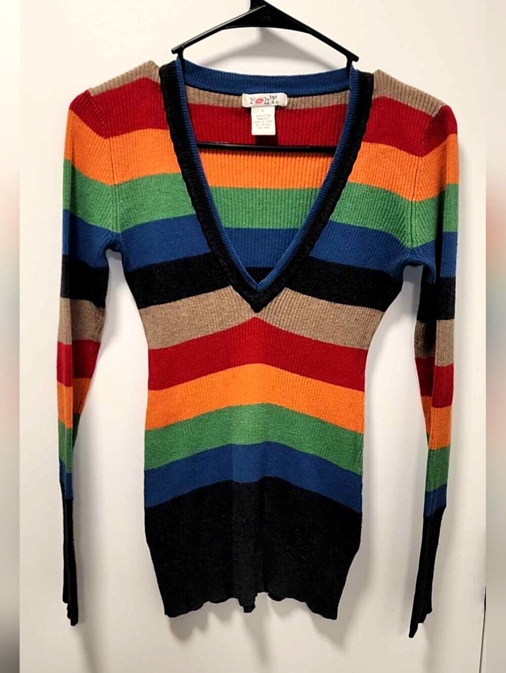 Vintage Y2K POUT Rainbow Striped Ribbed Knit V-Neck Sweater Size L